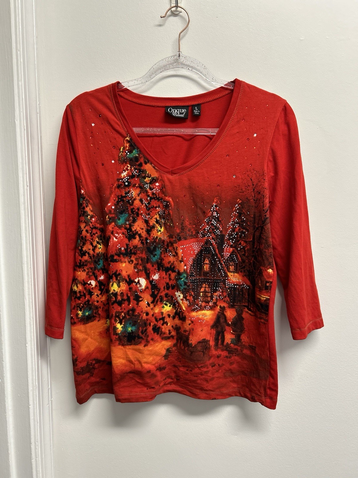 Onque Casual |Women’s L | Top Red Shirt Christmas Embellished Rhinestone Snow