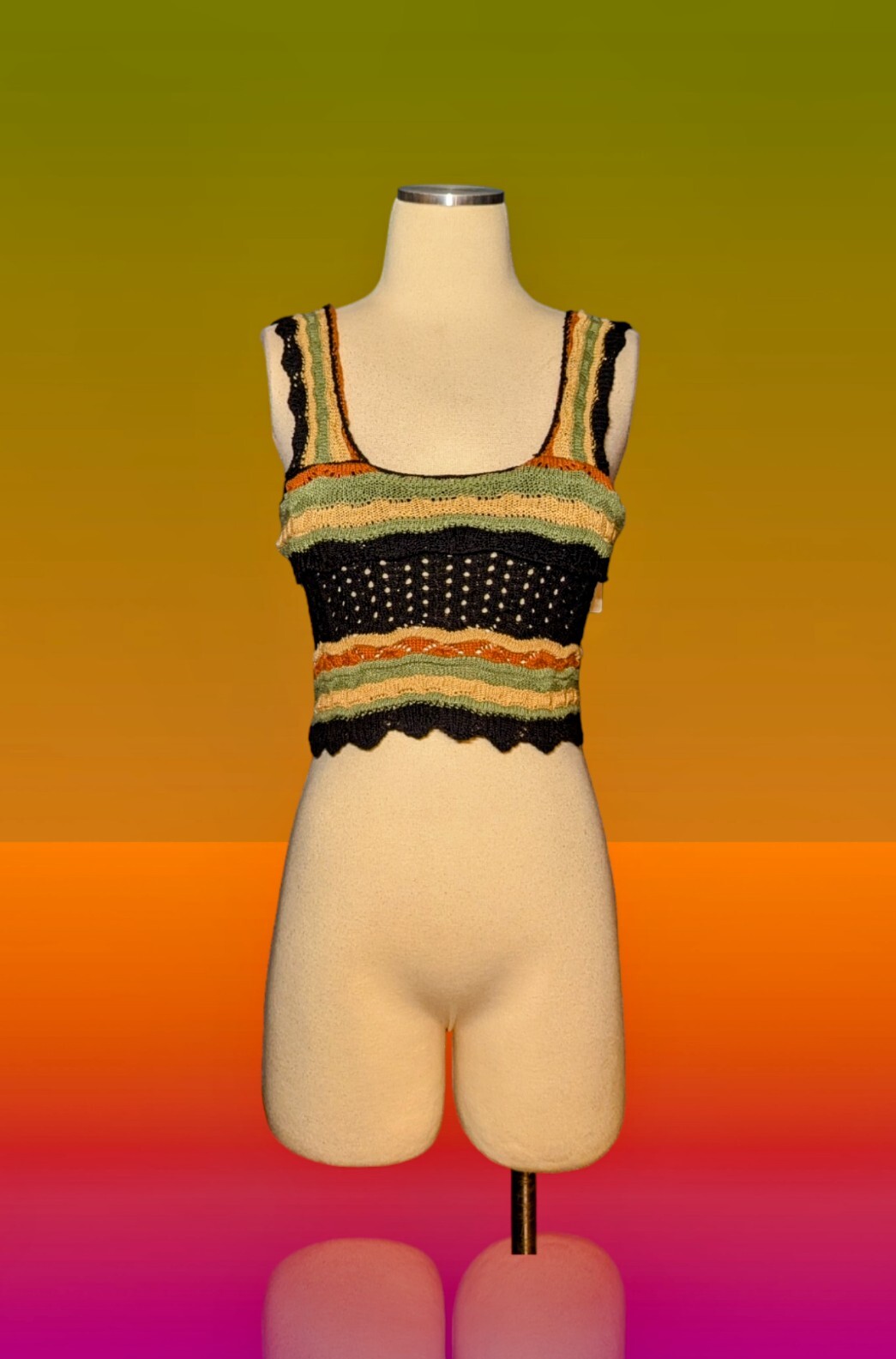 ITALIAN MADE Crochet Knit Crop Top Green Black Orange Beige STRIPED Women’s