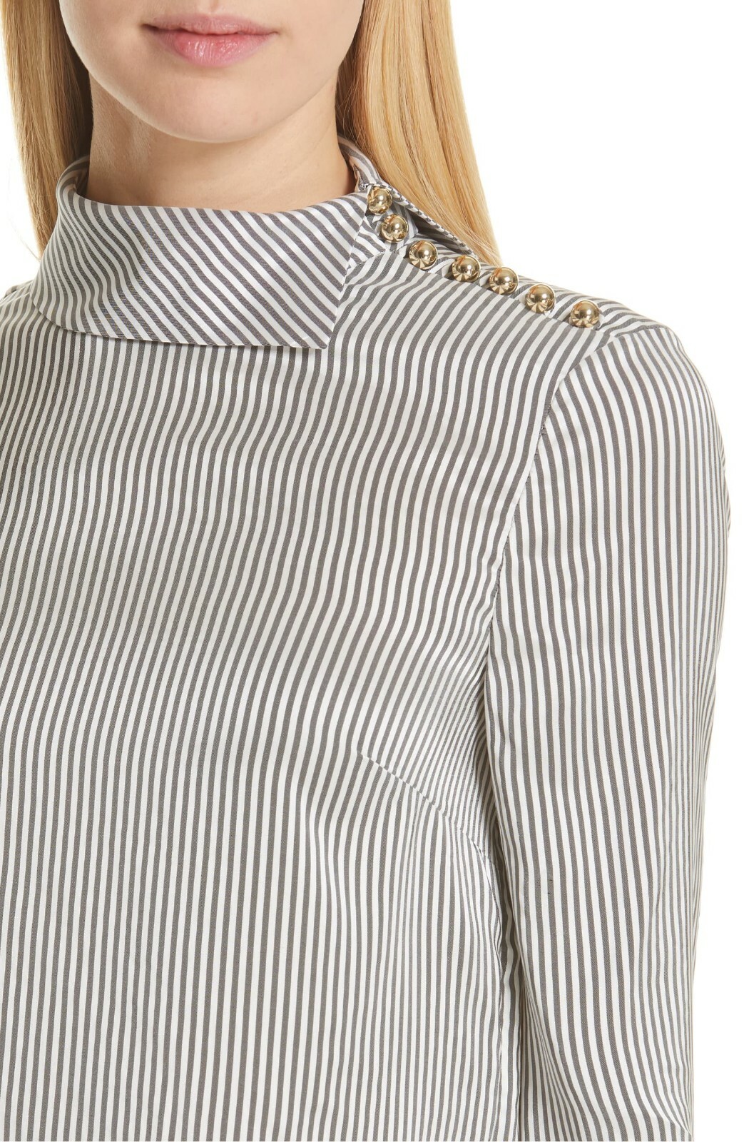 ERDEM Grey White Gold Cuff Link Mock Pin-Stripe Satin Blouse Top 6 = 10 42 38 36