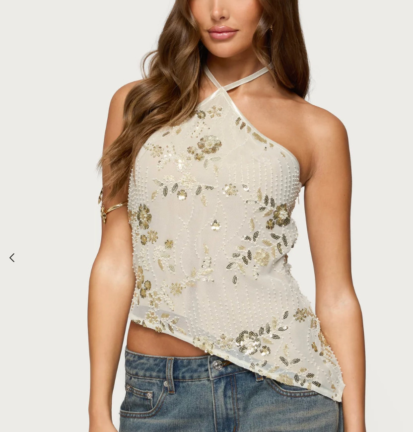 Edikted Beaded Sequin Asymmetric Halter Top Small