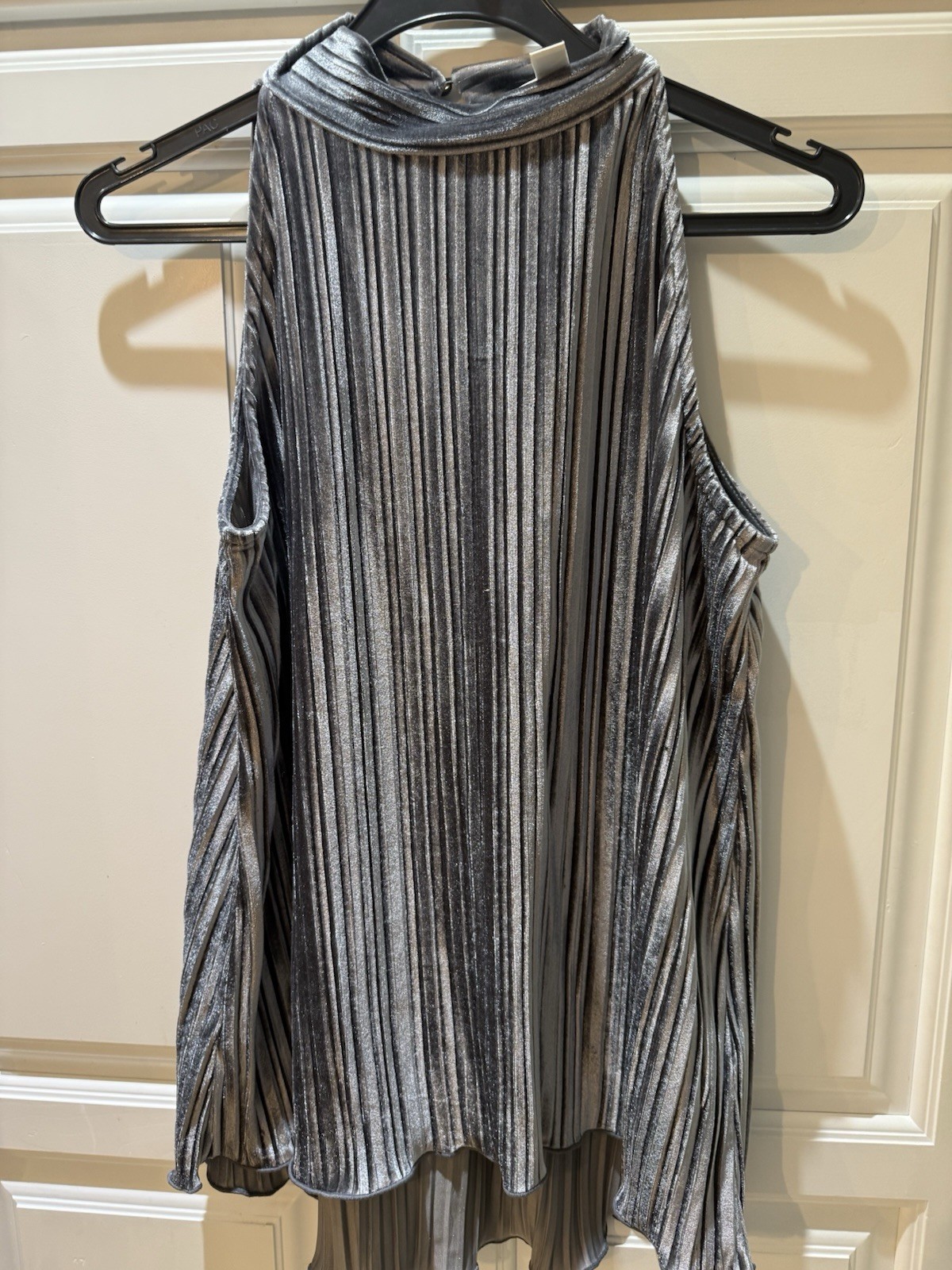Macy’s Sleeveless Metallic Pleated High Neck Top – Silver/Gray