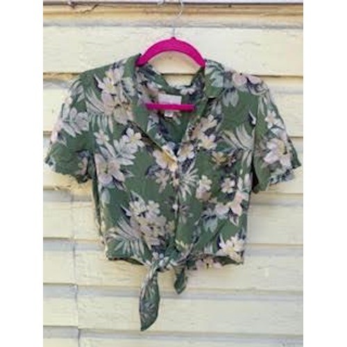 American Eagle Green Tropical Floral Tie Front Button Down Crop Top Small