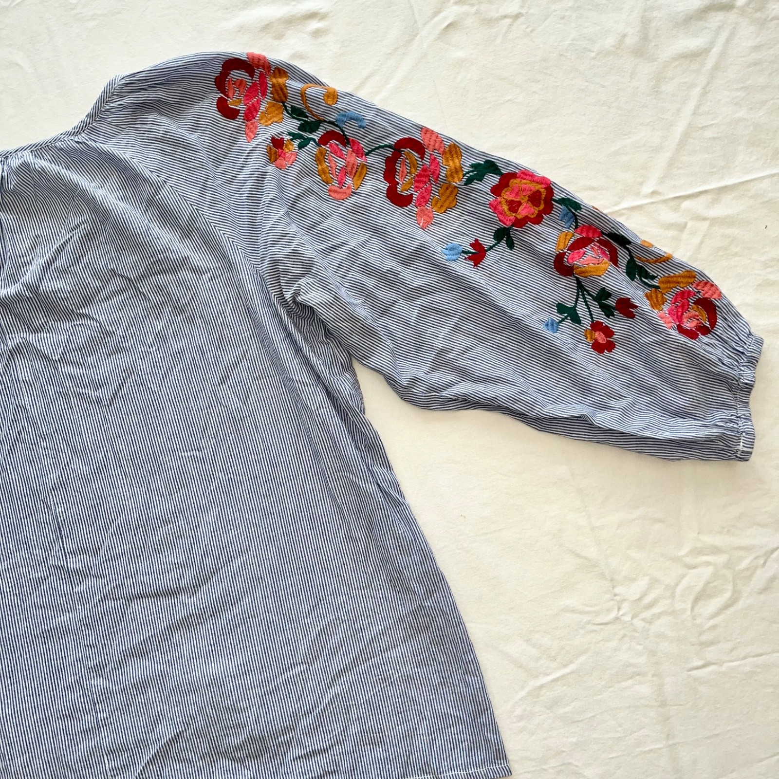 World Market Women’s S/M Top Floral Embroidered Tassel Pinstripe Boho Peasant