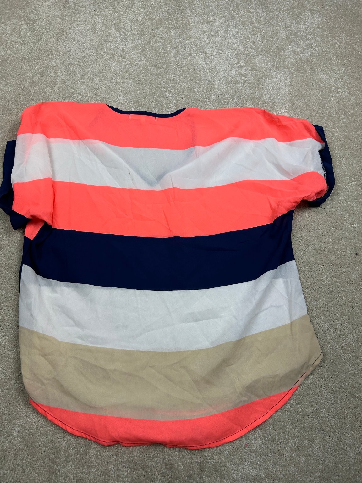 Wishful Park Women’s Top Coral White Navy Tan L Striped V-Neck Dolman Blouse
