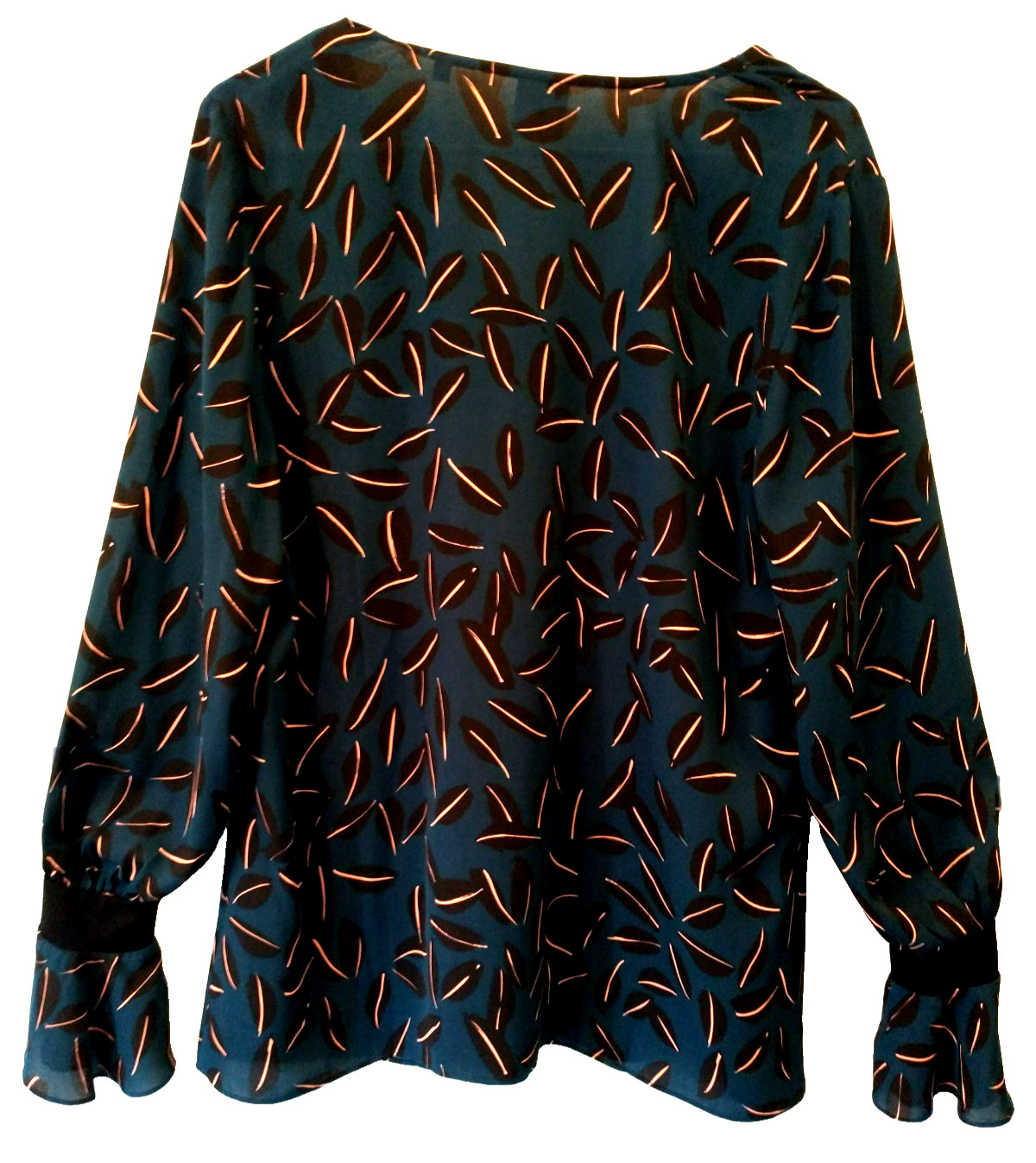 CABI Shadow Leaf Blouse Top Long Flared Sleeve Dark Teal V-Neck – Large