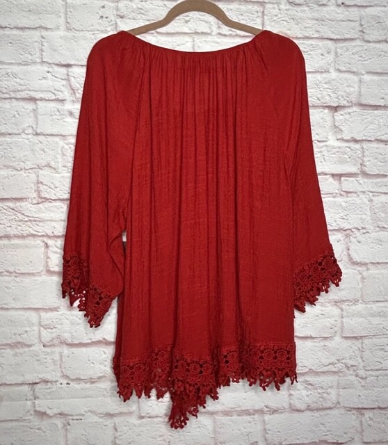 XL/1X/2X/3X New Dark Red Cinnamon Light Gauze Peasant Top Lace Blouse Tunic