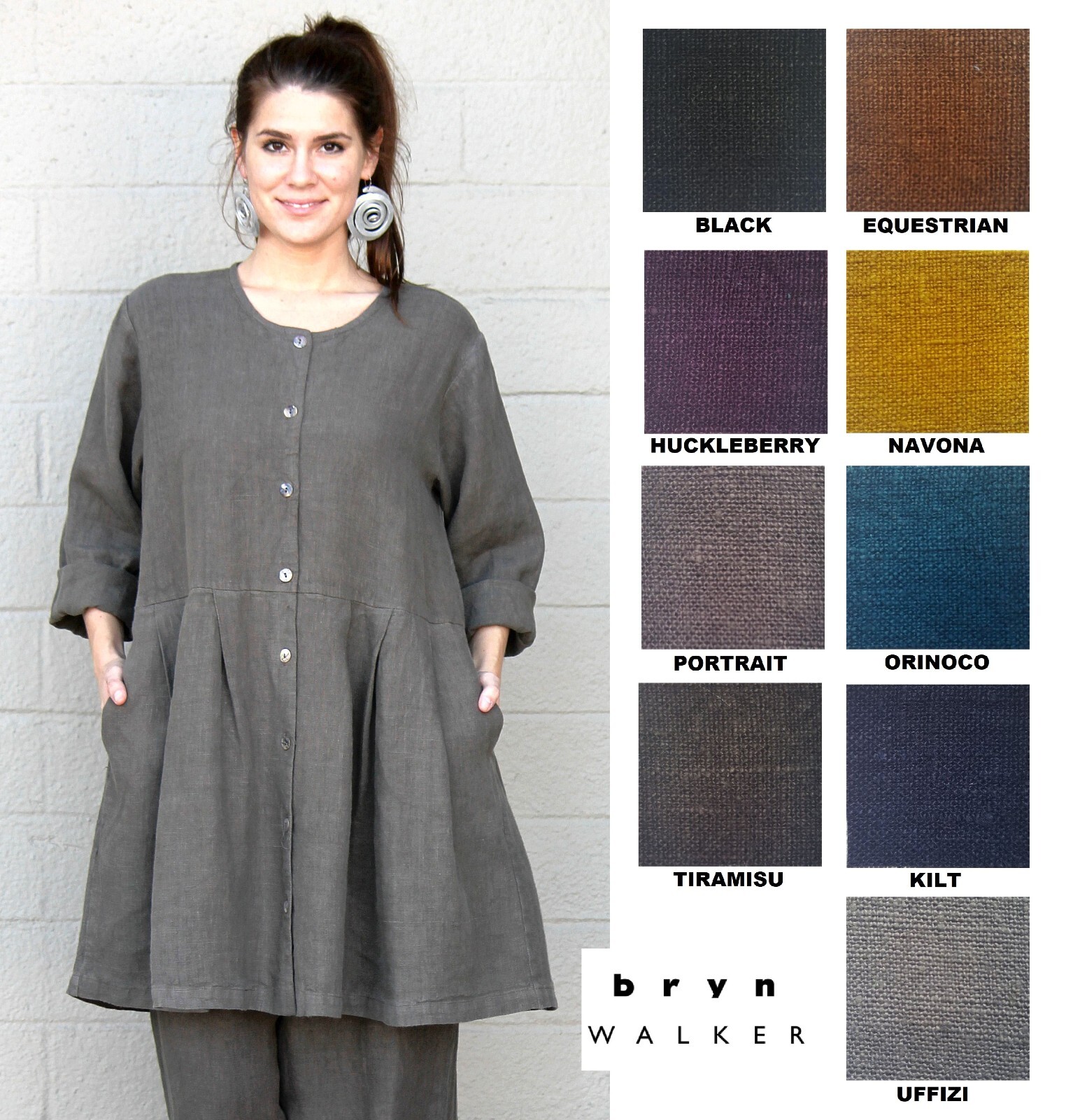 BRYN WALKER USA Heavy Linen GEMMA TUNIC Pleated Skirt Pocket Top XS S M L COLORS