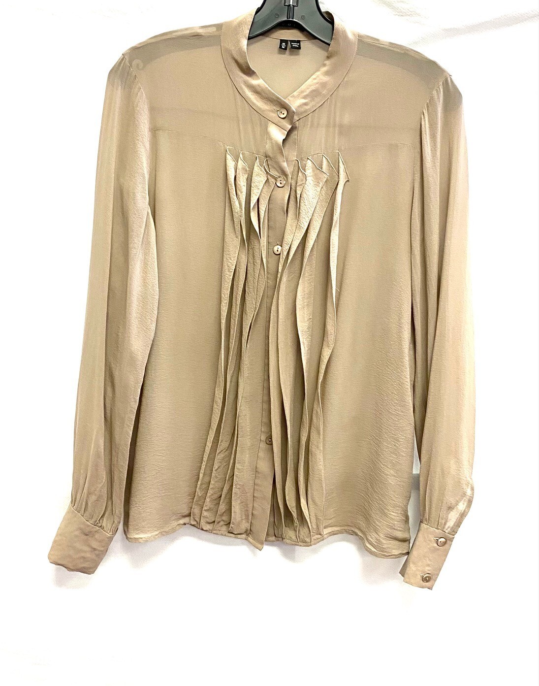 THEORY Tan Brown Ruffle Pleated Mandarin Collar Sheer Button-Down Blouse M = 6/8