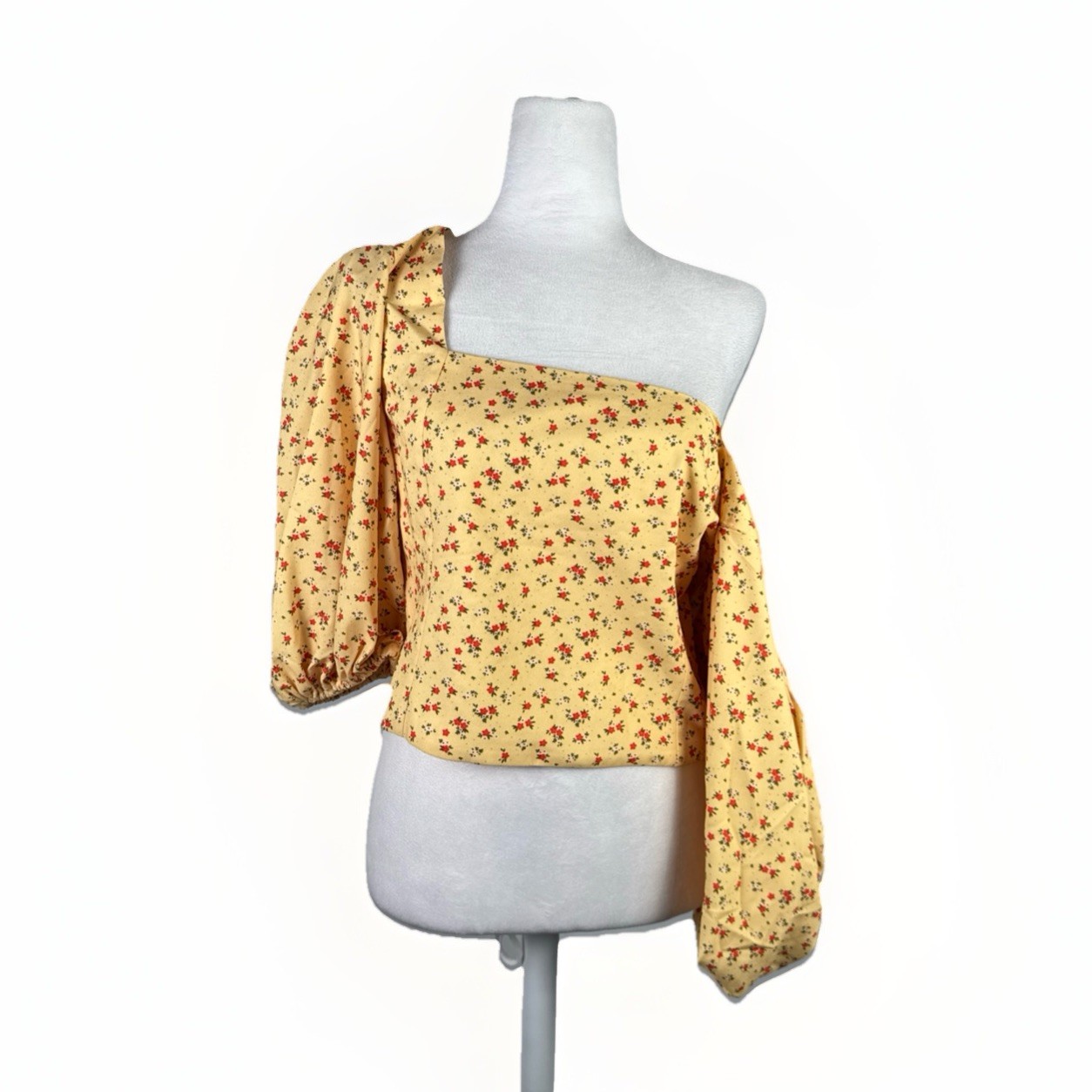 Sokee Collective Womens Shoulder Padded Puff Sleeve Floral Crop Top Yellow Large