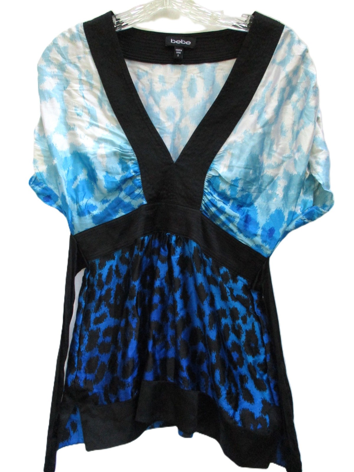 Vintage Bebe Blue Silk Top Kaftan Kimono Smocked Babydoll Tie Back Tunic Size XS