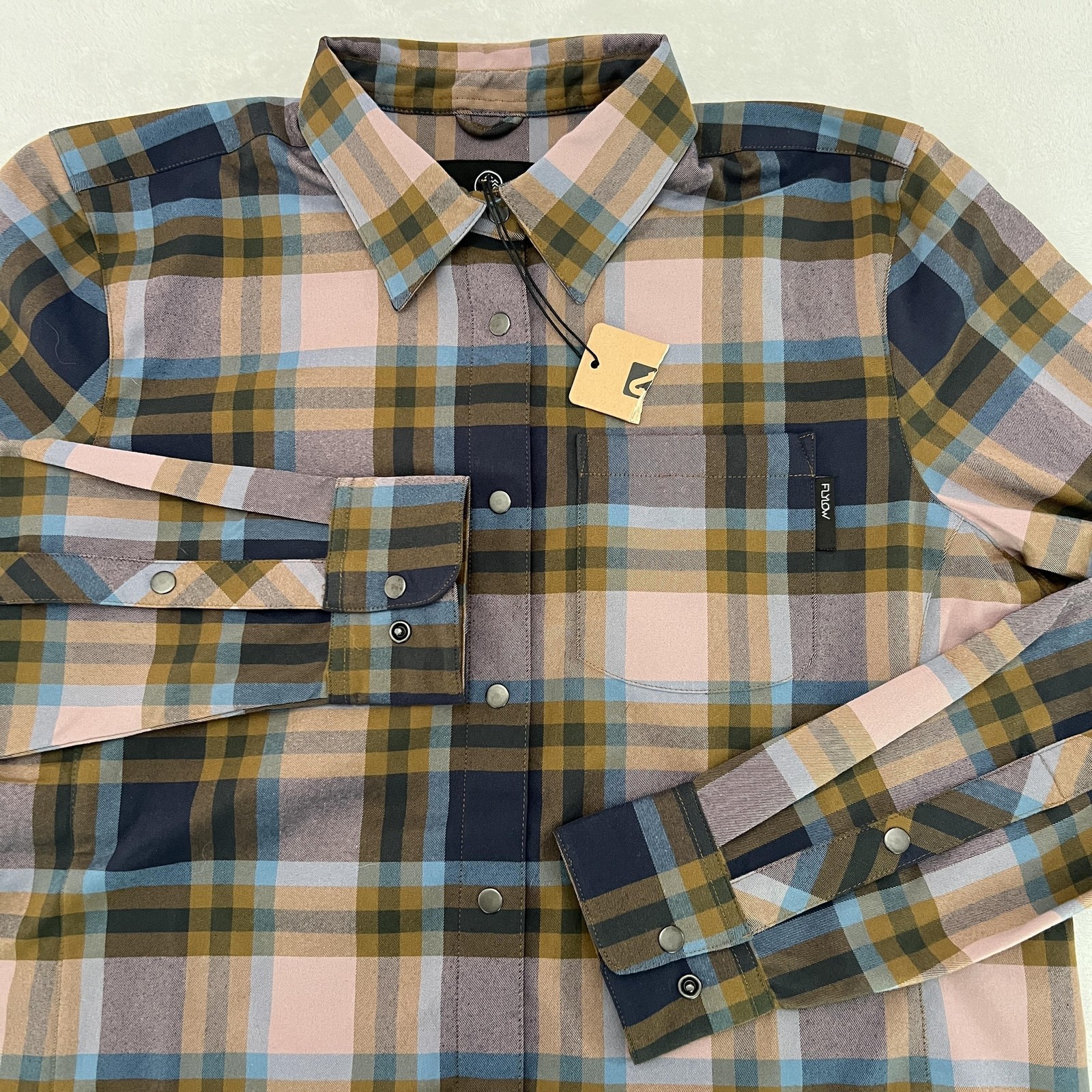 Flylow Brigitte Tech Flannel Shirt Womens Large RyePlaid Snap Button Up