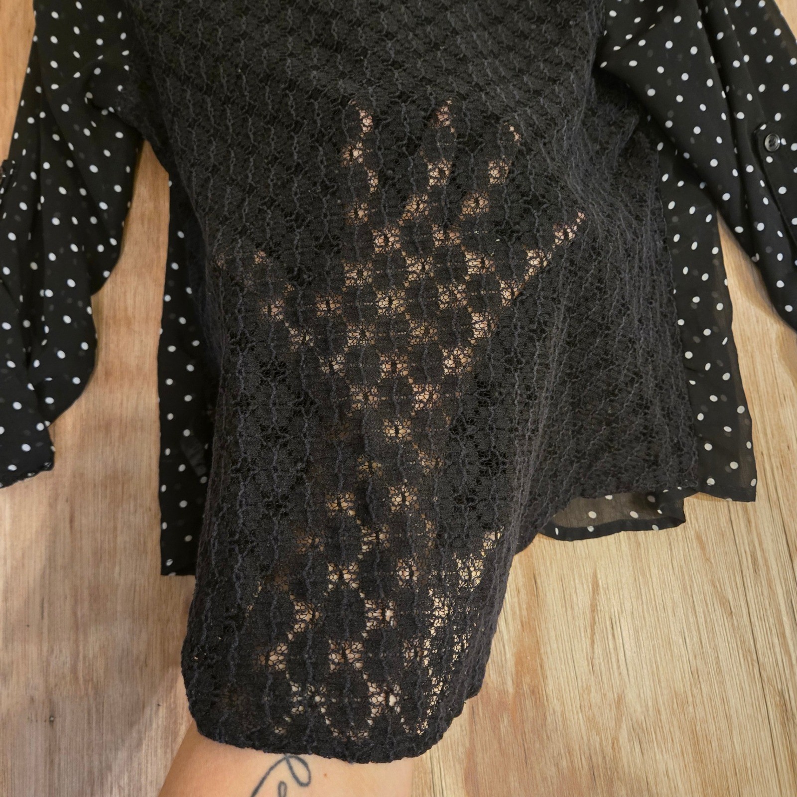 Black Polka Dot Button Down Lace Back Roll Tab Sleeve Blouse Small Whimsigoth