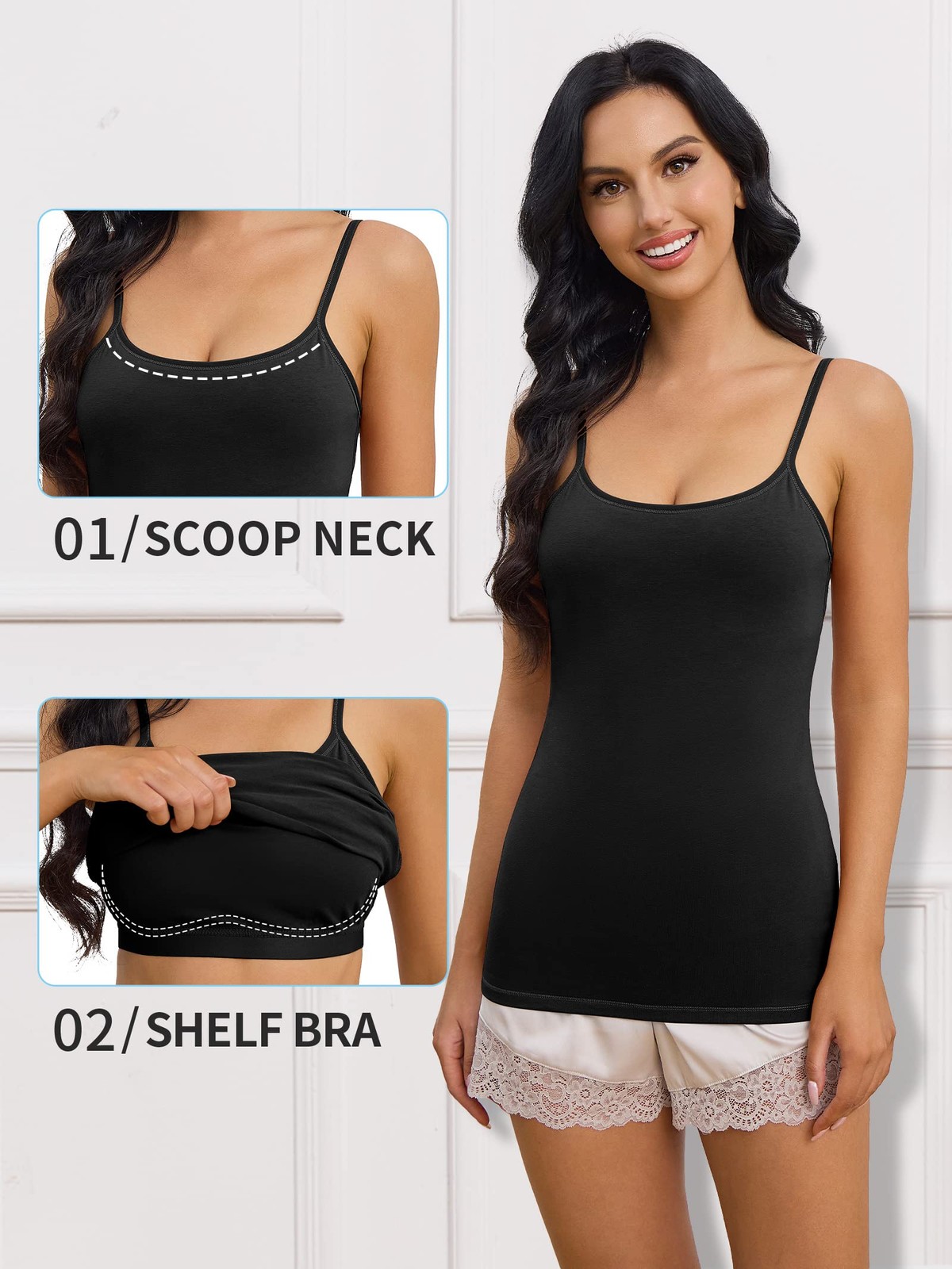 Women’s Spaghetti Strap Tank Top 2 Pack (#1 Black/Black, Medium)M