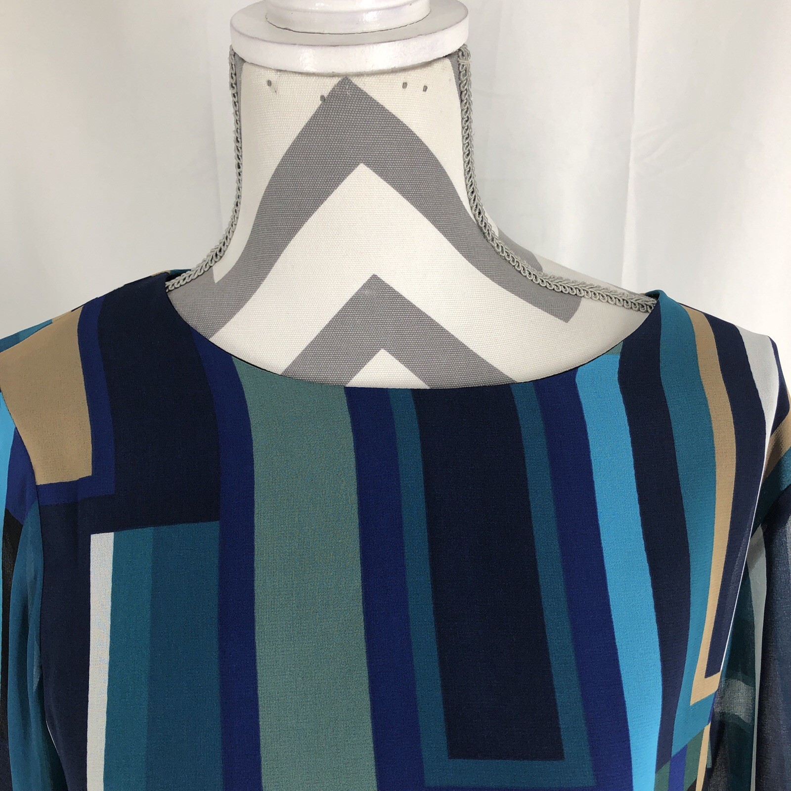 Calvin Klein Blue Tan Black Geometric Bell Sleeve Blouse M NWT