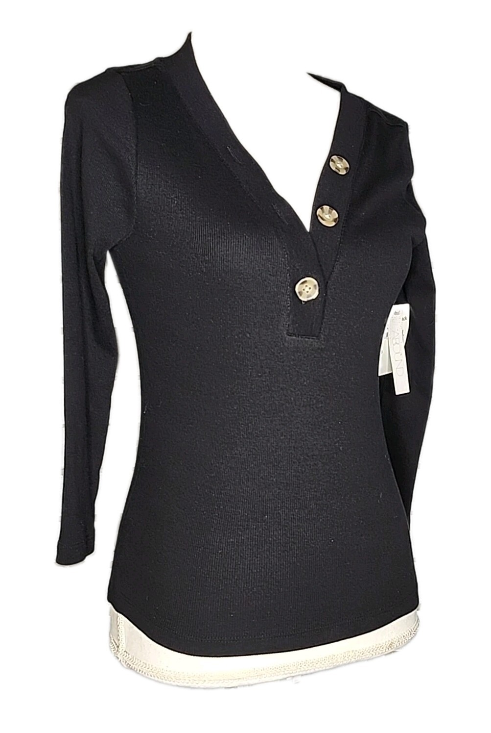 • NWT Abound Women’s 3/4 Sleeve V-Neck Knit Top Size Small Black Cotton Blend