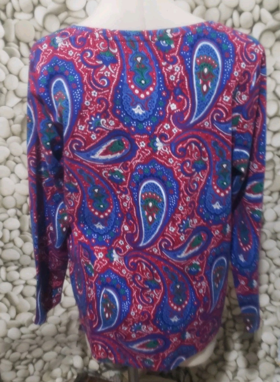 Talbots Tee Womens Size X Red Blue Green Paisley Long Sleeve V Neck Stretch