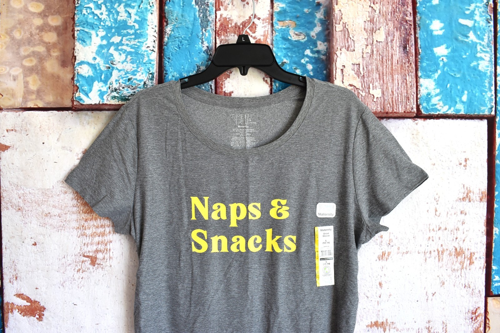 Women’s Time and Tru ‘Naps & Snacks’ Maternity Top Graphic Tee L (12-14) Gray