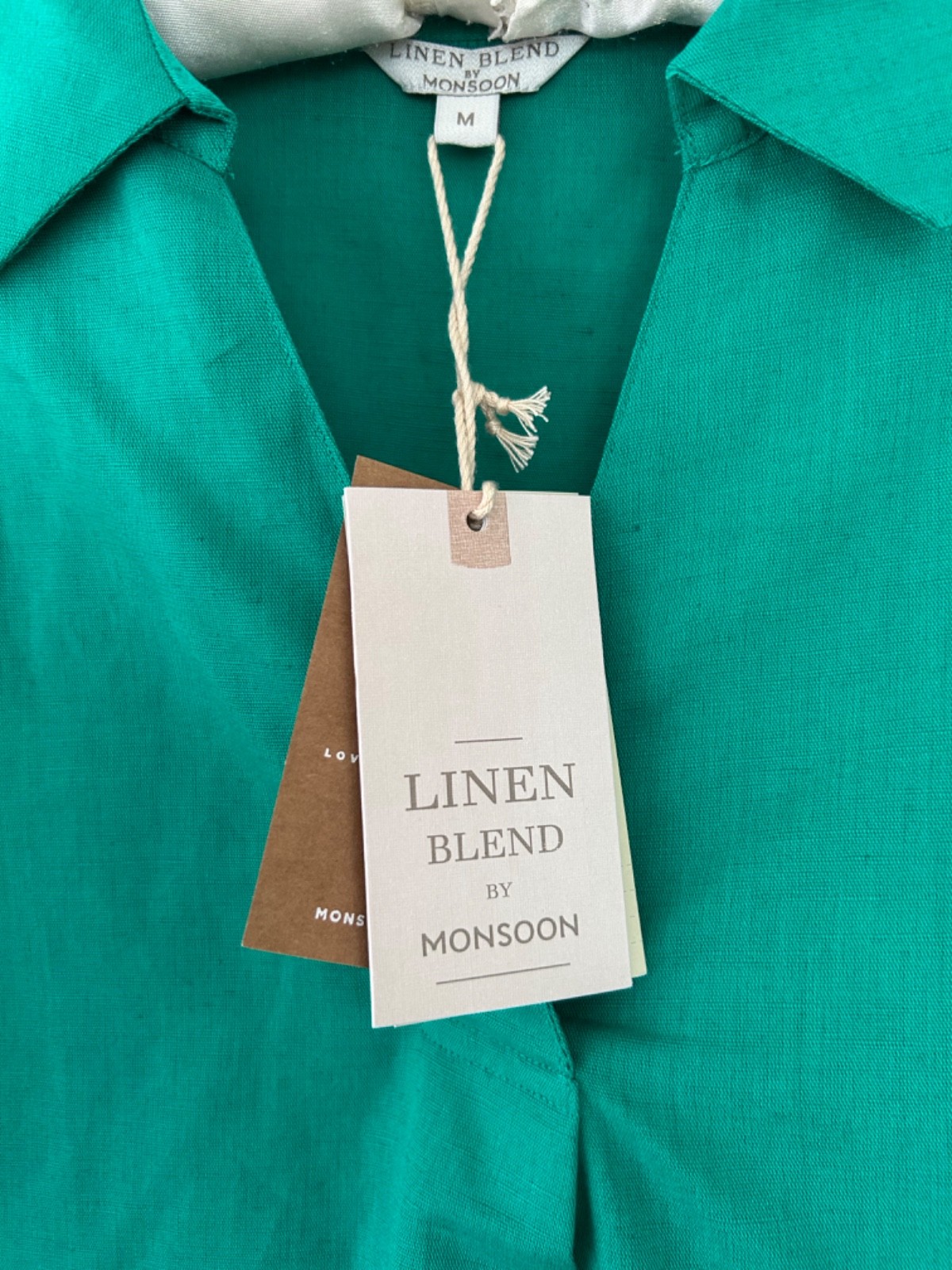 Monsoon Top Women’s Linen Blend Green Collared Gathered Sleeve Size M BNWT
