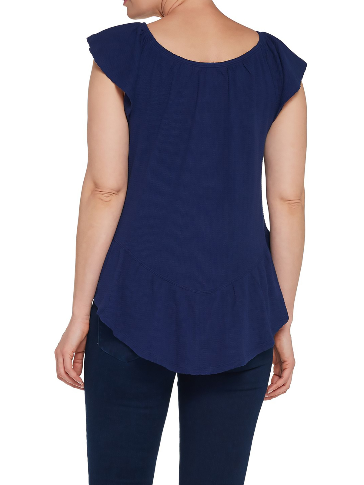DU JOUR Size M Button Front Textured Knit Top with Ruffle Detail BLACK