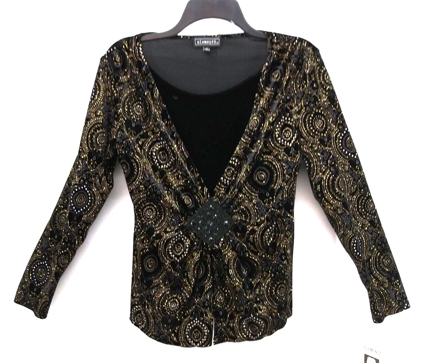 Elementz Blouse Women Size S Black Gold Silver Beaded Baroque Designer Top