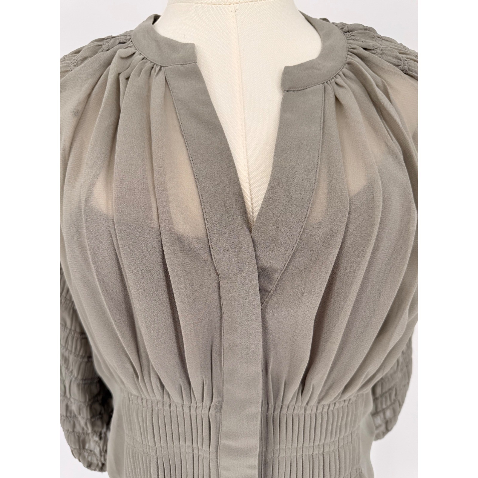French Connection Elegant Gray Sheer Peplum Blouse Smocked Sleeve V Neck