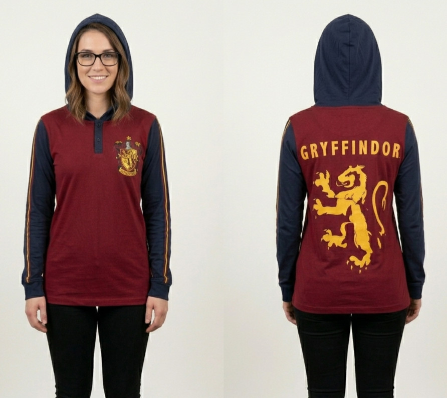 Harry Potter Juniors Gryffindor Hooded Long Sleeve Henley Hood Shirt NWT XS-2XL