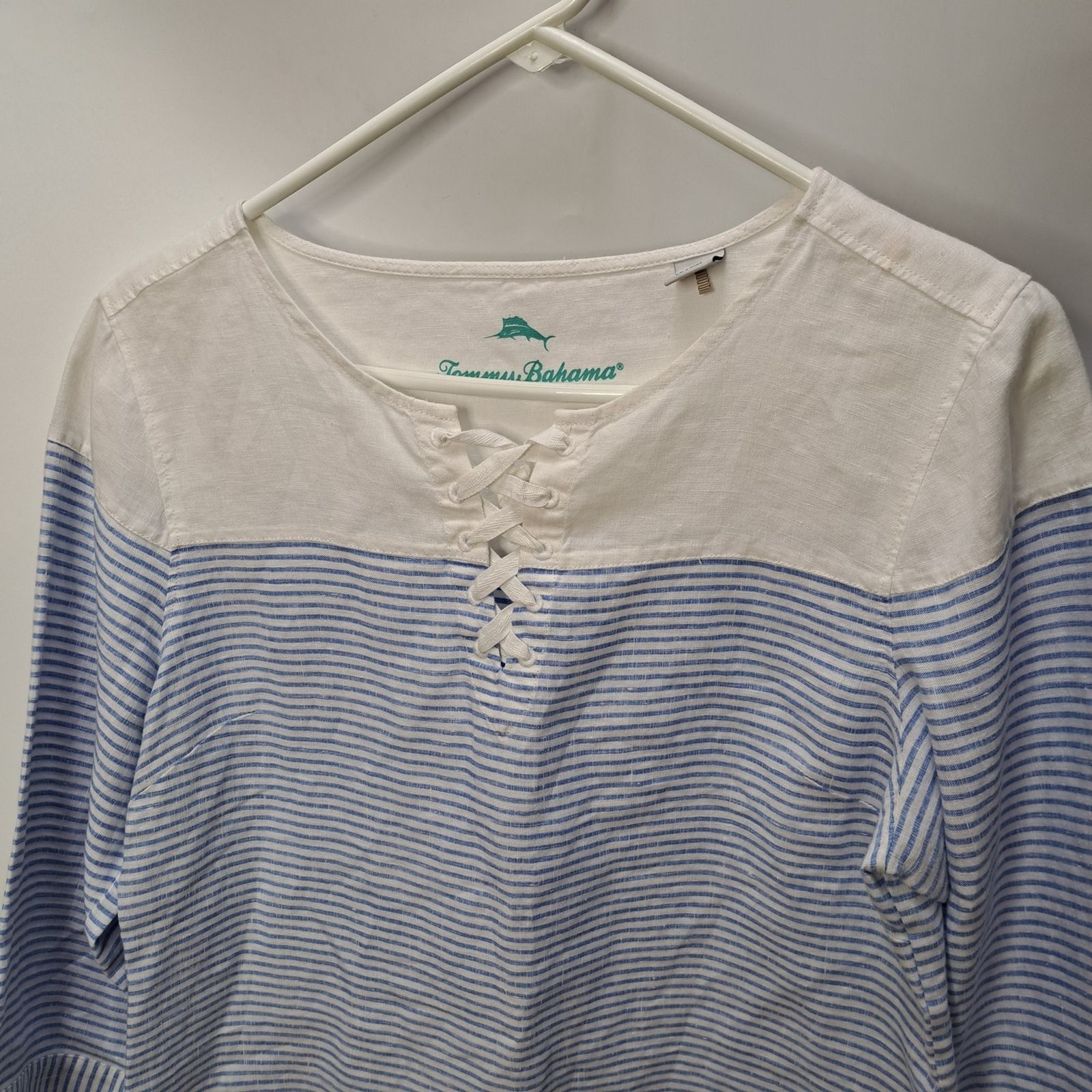 Tommy Bahama Crystaline Water Blue White Linen Lace Up Henley Shirt Top Medium
