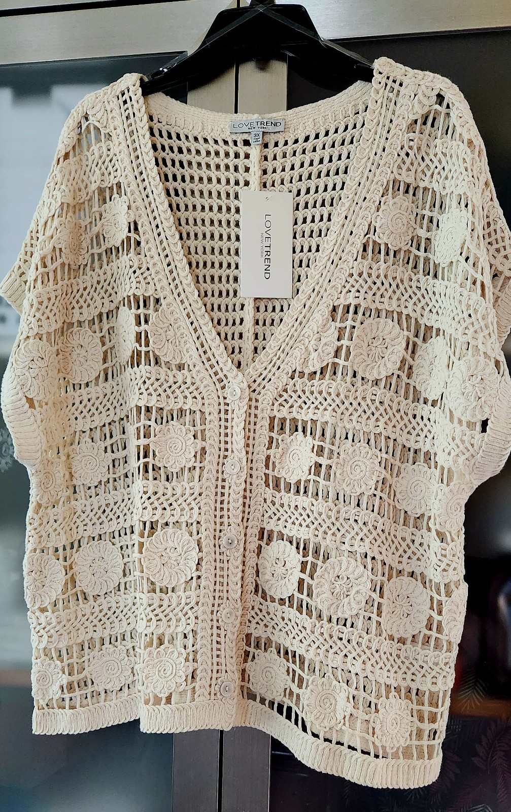 Lovetrend Plus Size 3X Cream Crochet button front Open Knit Topper
