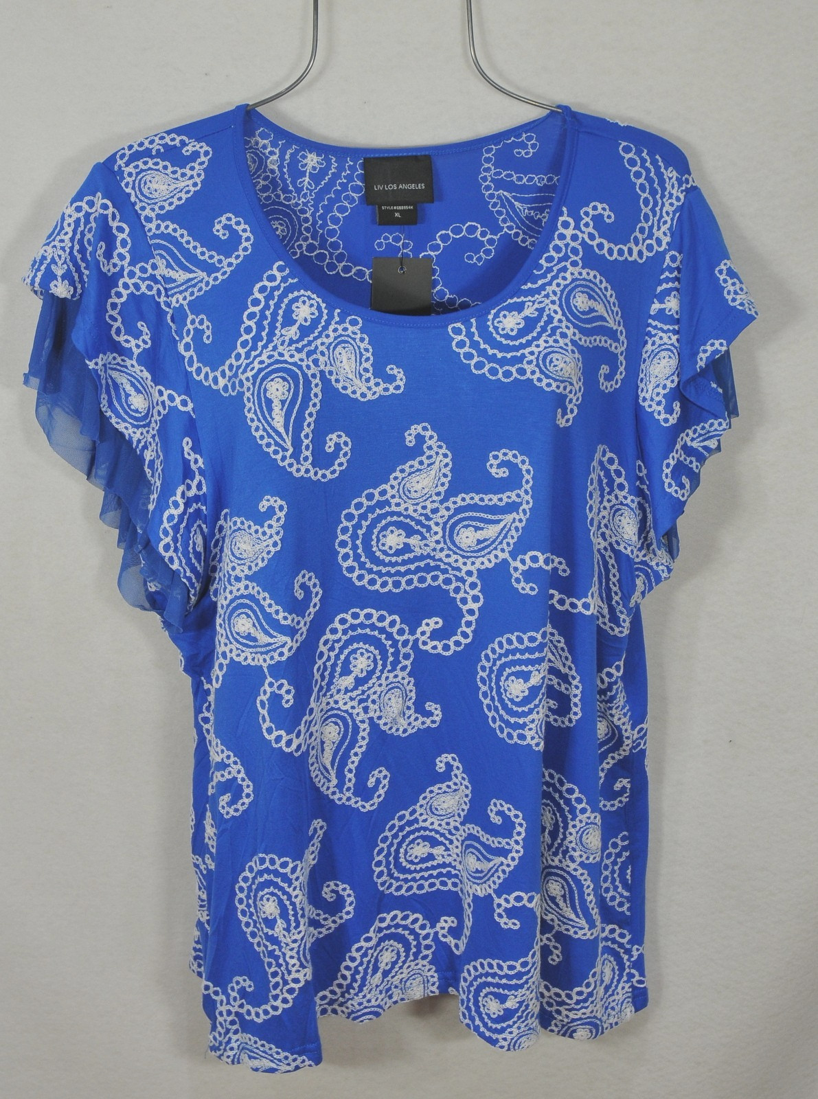 Liv Los Angeles Women’s Blouse XL Blue Paisley Embroidered Flutter Sleeve NWT