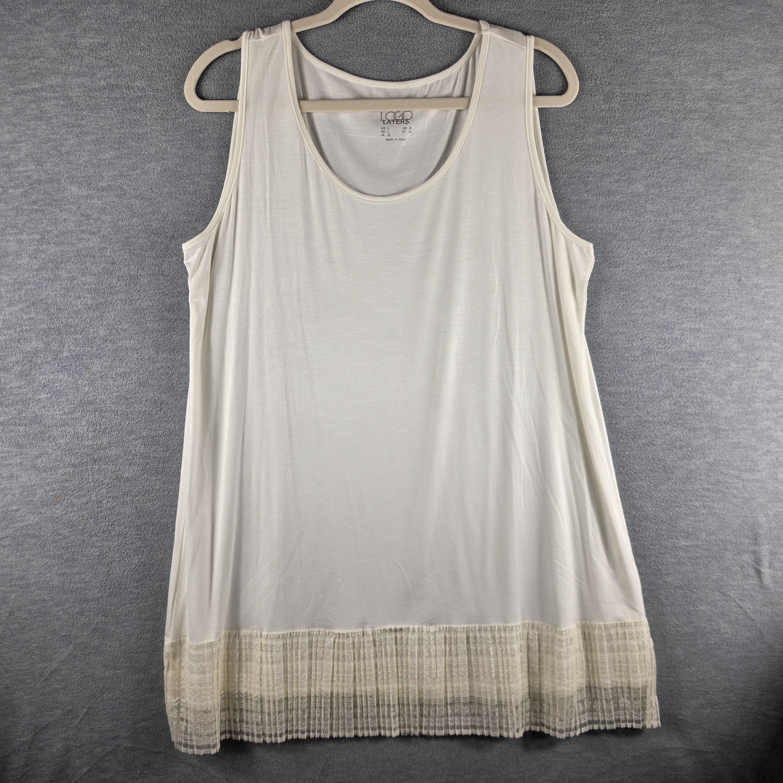 LOGO Layers Top Womens Large White Lace Pleated Hem Tank Jersey Knit Short