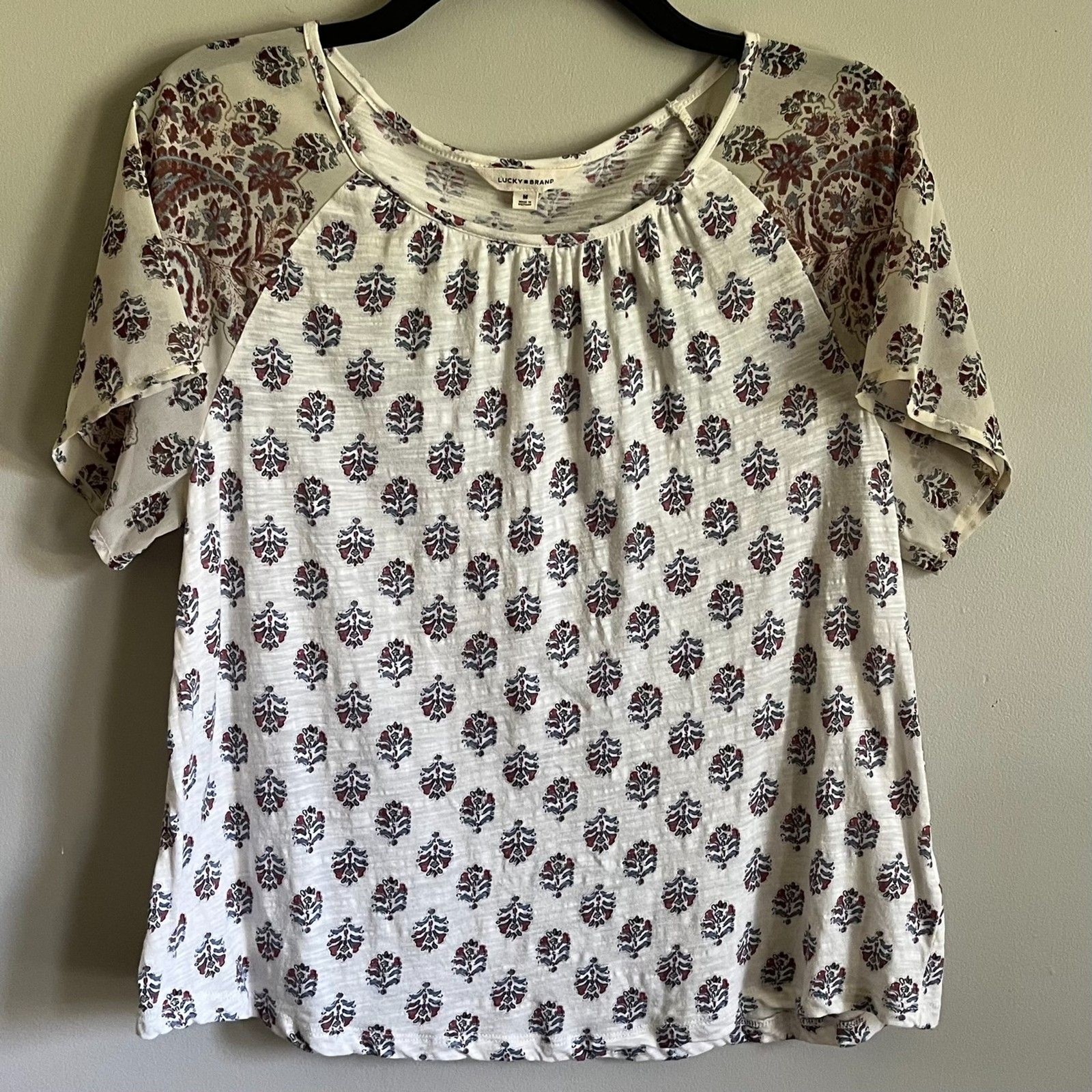 Lucky Brand Mixed Media Boho Peasant Top Blouse Floral M Sheer Sleeves
