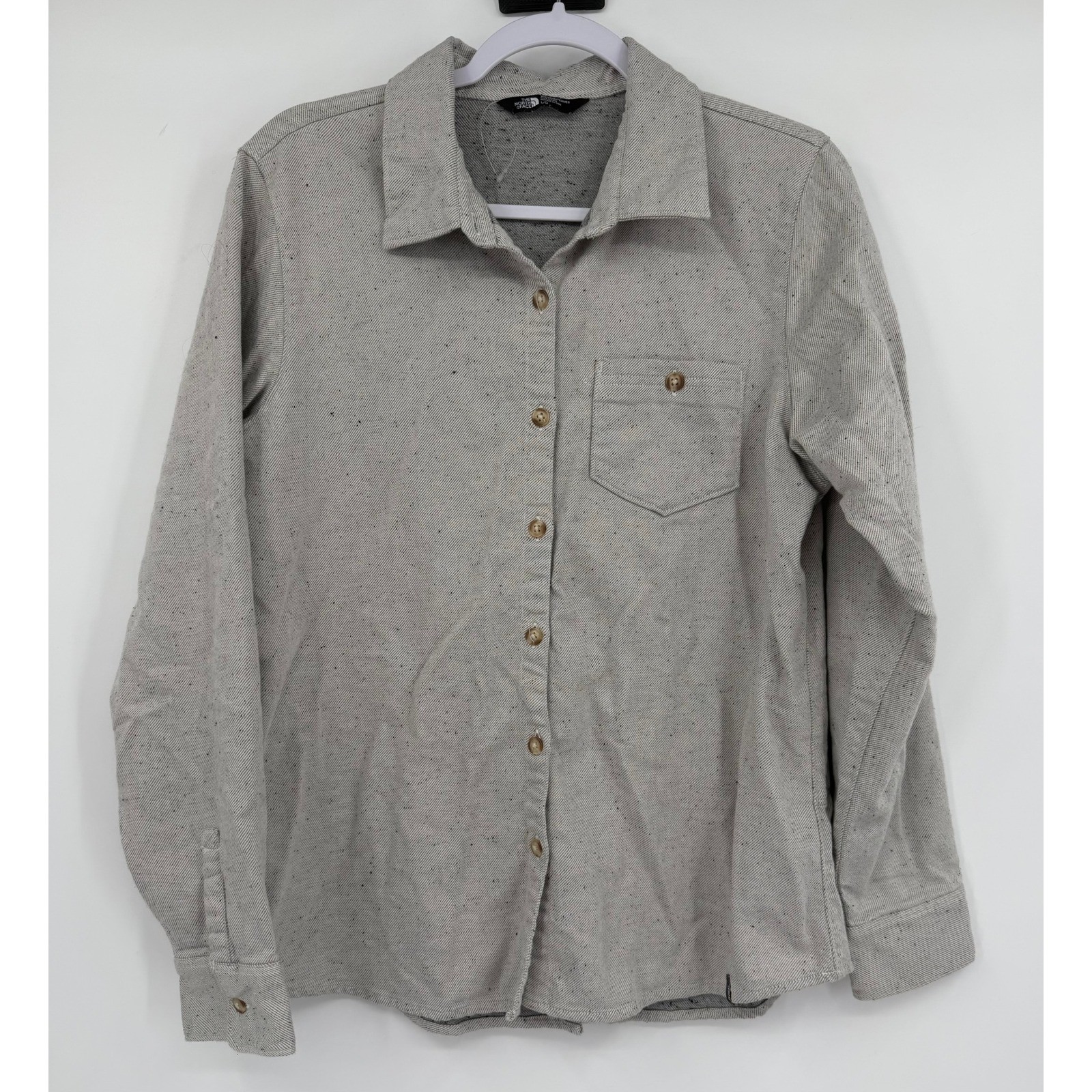 The North Face Womens Grey Speckled Cotton Blend Button Down Shirt Size L