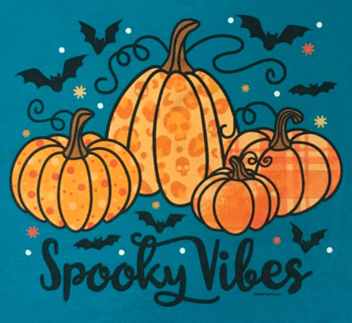 Gilden Unisex T shirt Size L Blue w Orange Pumpkins Black Bats Spooky Vibes