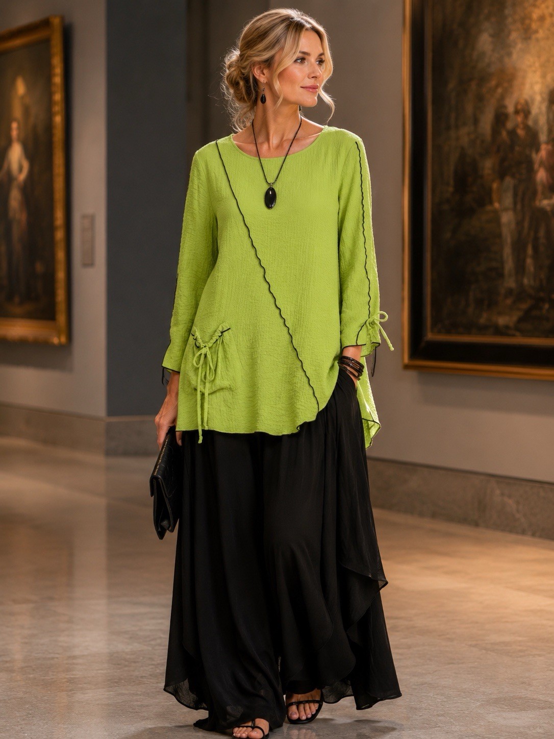Ali Miles Lime Green Textured Tunic Top XS Long Sleeve Black Art Lagenlook