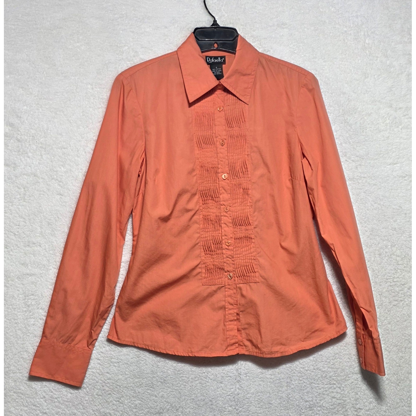 Rafaella Women’s Coral Orange Pleated Tuxedo Bib Button Up Shirt Cotton Size 4