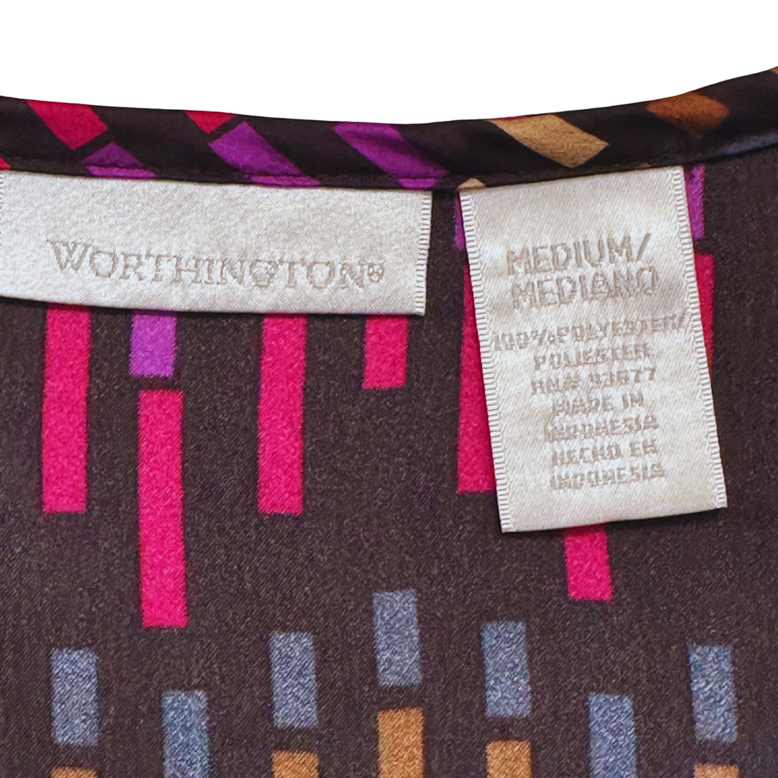 Worthington M Multicolor Geometric Vertical Print Blouse with Self-Tie Bow