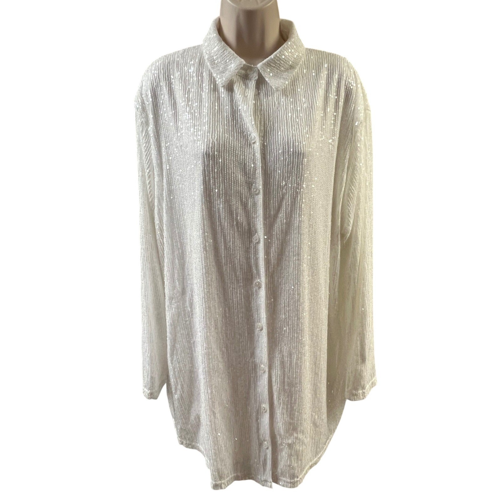 Fashion Nova White Sequin Button Up Shirt LG Sparkle Glam Party Club Holiday Top