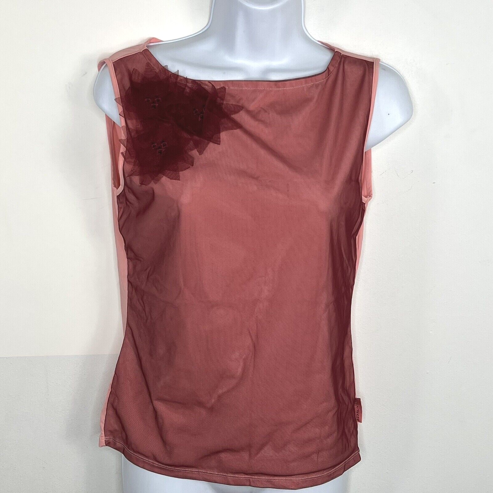 DKNY Jeans Dusty Rose Mesh Tank Top Sz M Sleeveless Floral Applique Sheer