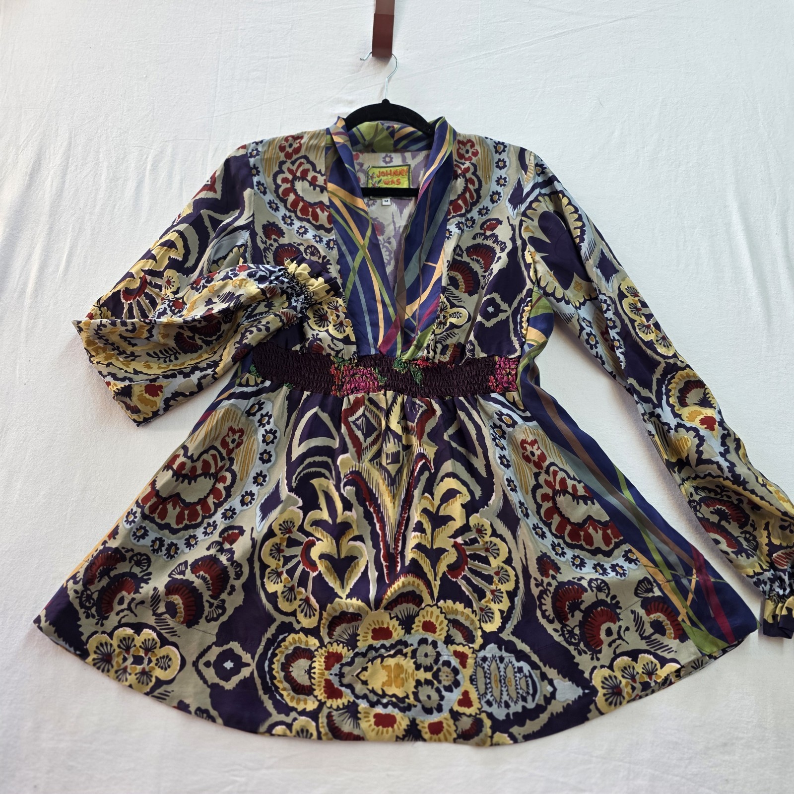 Johnny Was Multi Color 100% Silk Tunic Top Empire Waist V-Neck Boho Womens Sz M