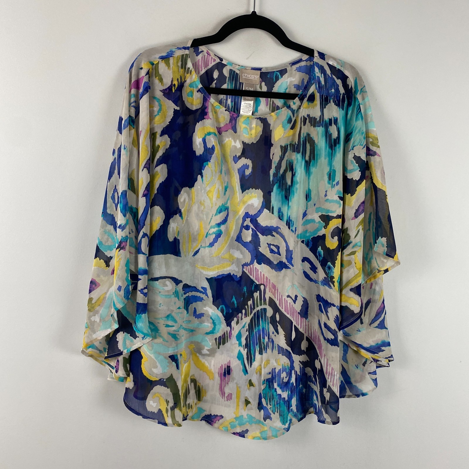 Chicos Poncho Blouse Size S/M Sheer Multicolor Abstract Paisley