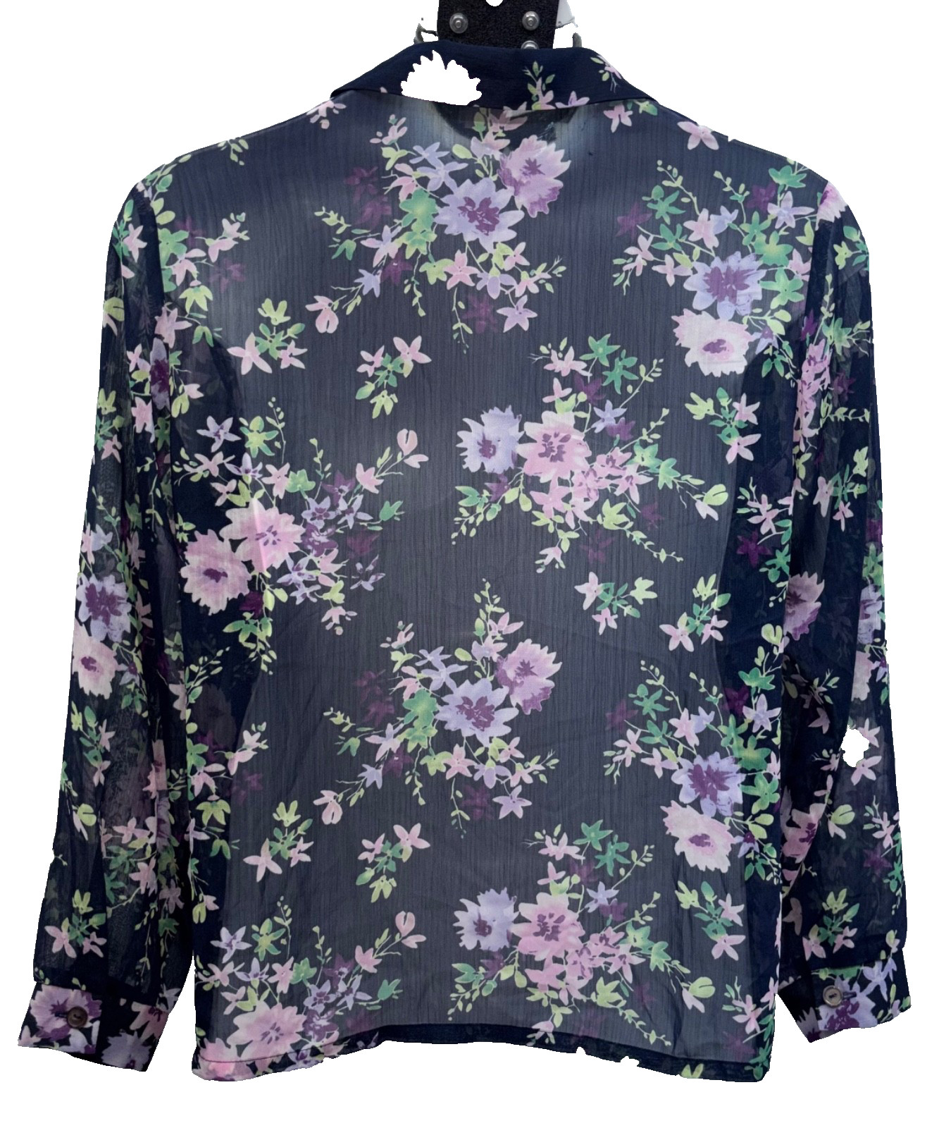 VTG Haband Women Size L Button Up Long Sleeve Semi Sheer Top Navy Floral Print
