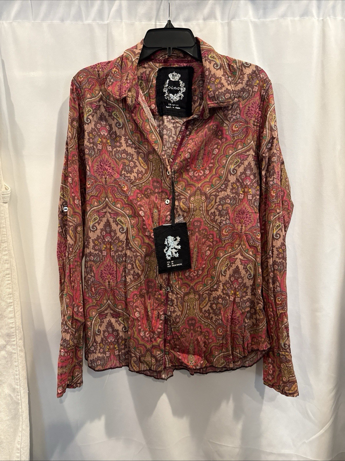 NEW Cino Sundance Women Red Pink Boho Cotton Crinkle Button Down Shirt XXL
