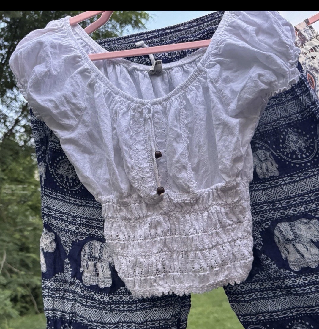 Blanco 100% Cotton White Smocked Peasant Crop Top Puff Sleeve Boho Women’s L