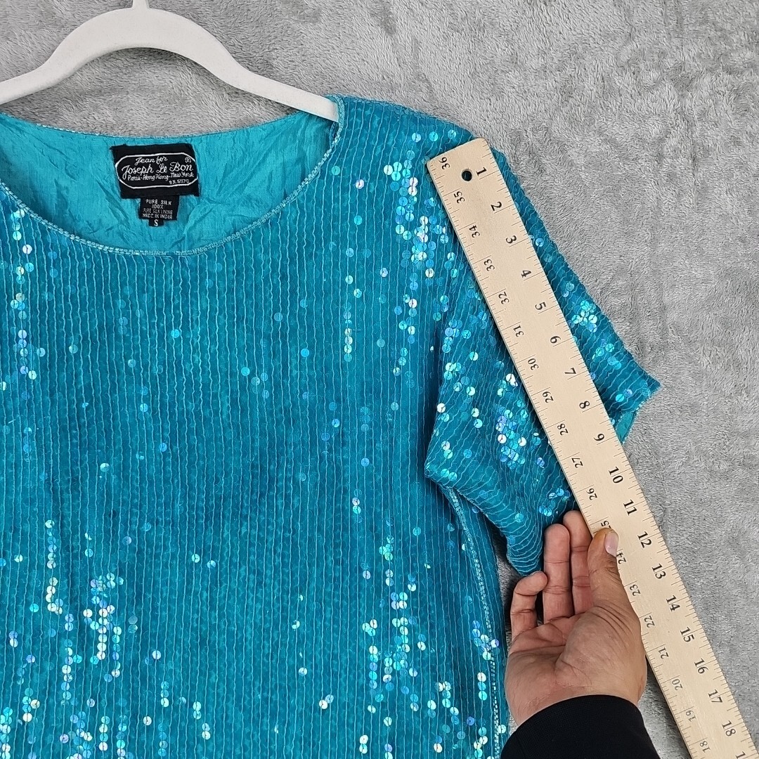 Vintage Jean For Joseph Le Bon Top Womens S Aqua Pure Silk Sequin Shoudler Pads