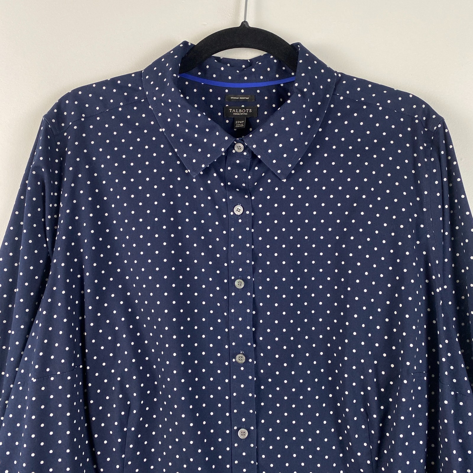 Talbots Wrinkle Resistant Button Up Shirt Size 22WP Navy White Polka Dot Stretch