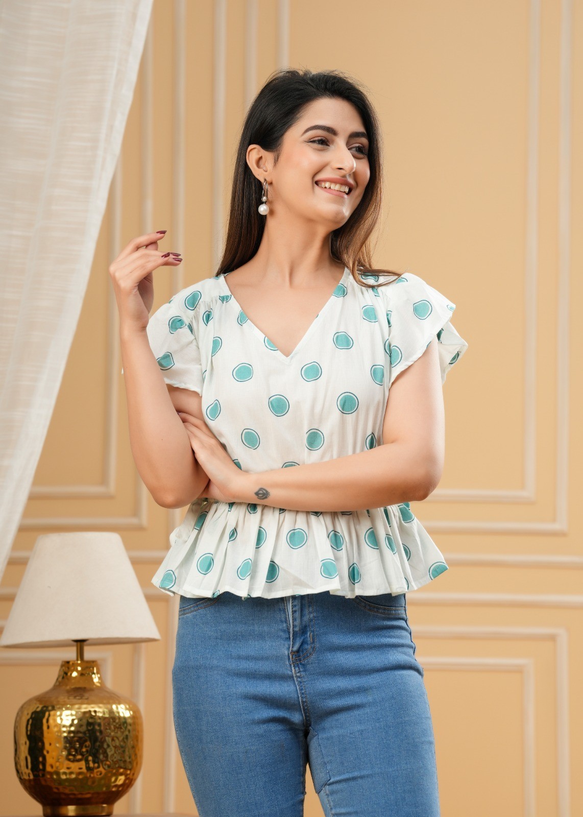 Women’s Printed Top – Polka Dot Peplum Top, Pure Cotton, White with Mint Green