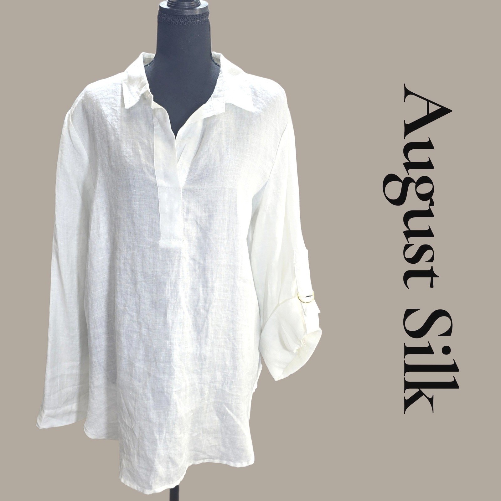 August Silk Linen Tunic Women L White 100% Linen Coastal Roll Tab Sleeve