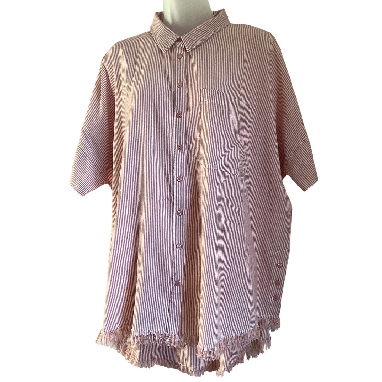 Umgee Mauve Pink White Striped Fringe Hem Button Down Shirt Oversized Large