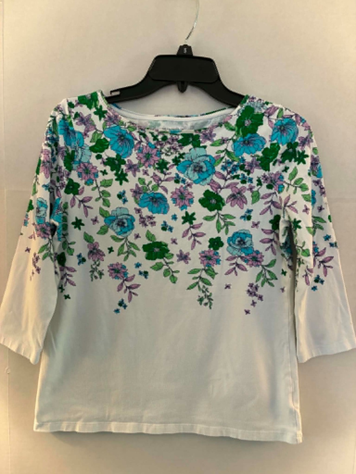 Talbots Petite Floral Tee Womens MP White Blue Green Cottagecore Garden Party