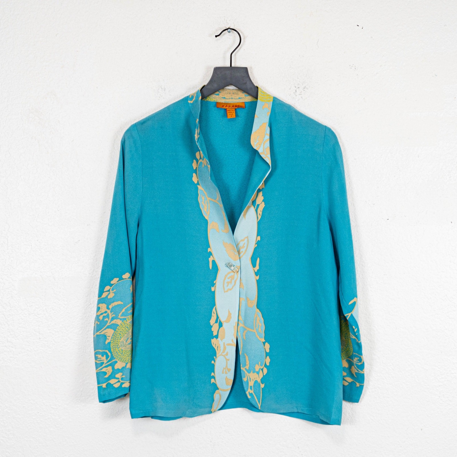 HARARI Silk Turquoise Silk Jacket top Art to wear pattern size Small